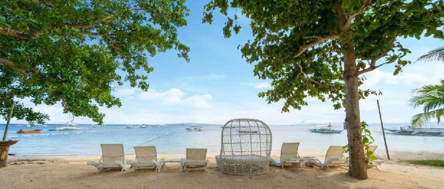 Beachfront at Solea Bohol with lounge chairs under trees facing calm blue sea.